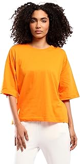 Ravin Womens Solid Slip On Orange Comfy Cotton Tee Modern