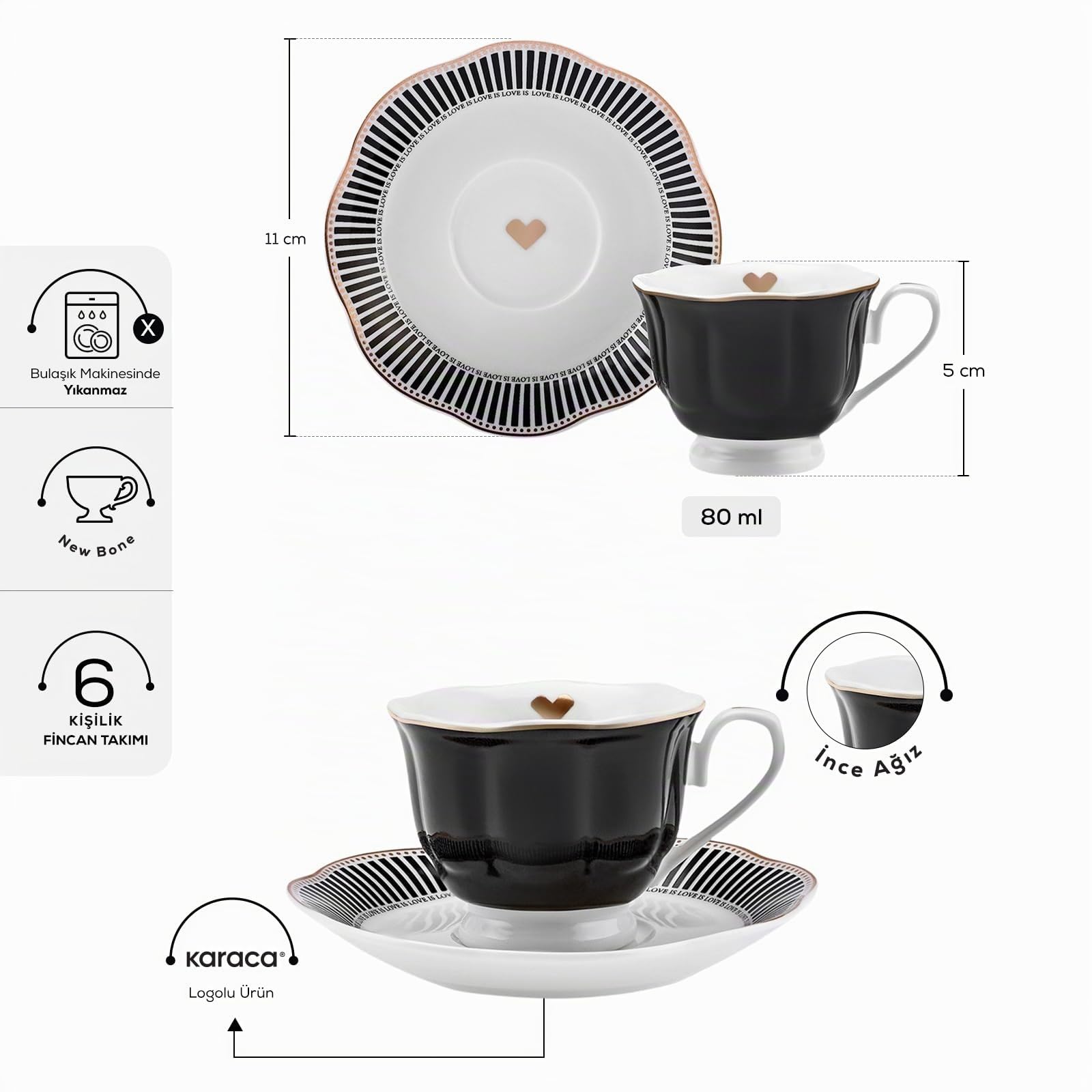Karaca Piraye Lot de 12 tasses à café turc en porcelaine pour 6 personnes, 80 ml, noir, blanc, multicolore