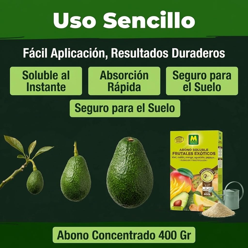 Abono Frutales Exóticos Soluble Ecológico 400 g | Fertilizante NPK 8-7-6 + Magnesio para Aguacate, Kiwi, Mango, Papaya, Kaki y Physalis | Máxima Floración y Frutos de Calidad ECO | Nexum Market
