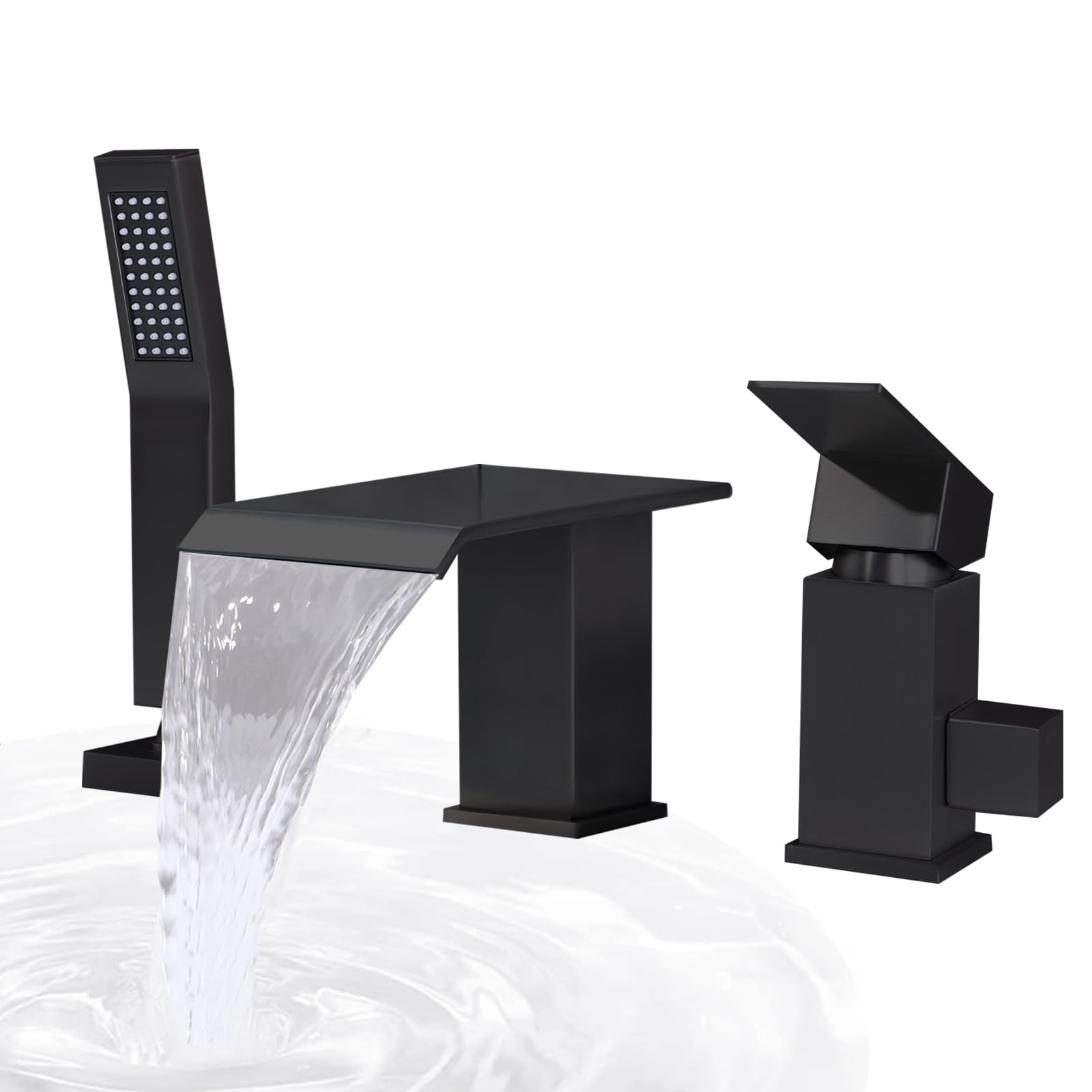 BAITUJIE Badewannenarmatur Wasserfall, 3 Loch Schwarz Matt Badewannenarmatur mit Handbrause Armatur Badewanne