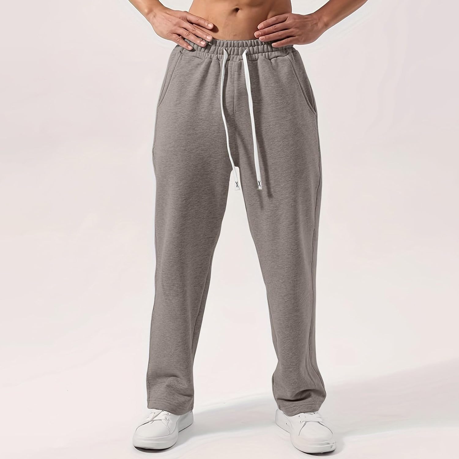 Mens Baggy Fleece Wide Leg Sweatpants Solid Athletic Loose Fit Open Leg Yoga Pants Drawstring Active Comfy Joggers