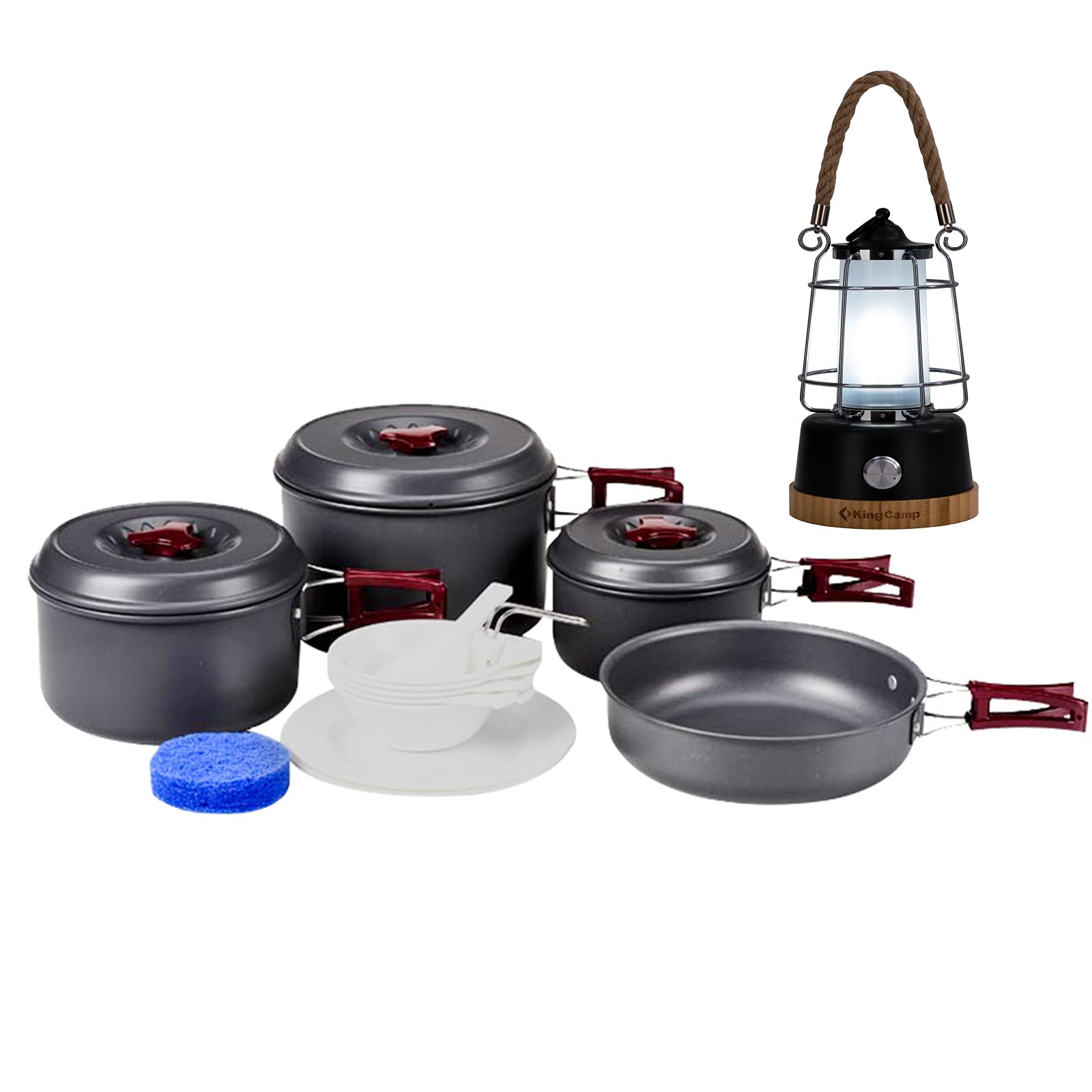 KingCamp 18Pcs Camping Cookware Mess Kit Cookset Camping Lantern Adjustable Brightness for Camping & Hiking