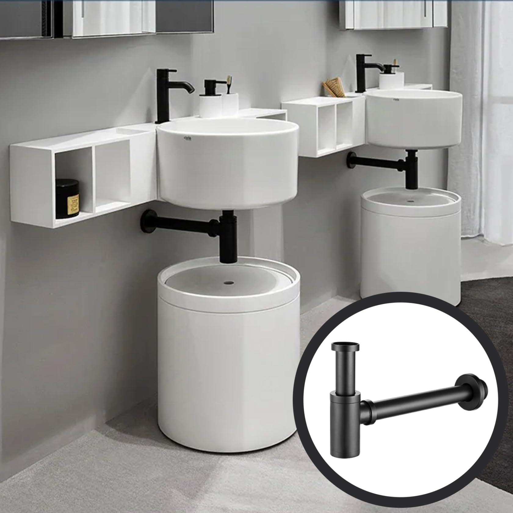 Trampa para botellas, trampa para botellas redonda contemporánea de latón de 1 1/4 pulgadas, kit de drenaje de residuos para lavabo de baño ajustable, drenaje de pared, negro mate