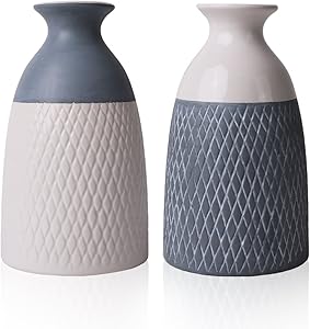 TERESA'S COLLECTIONS Ceramic Flower Vases, 20cm Set of 2 Grey White Handmade Modern Decorative Vase for Living Room, Kitchen, Table, Home, Office, Wedding, Centerpiece or as a Gift