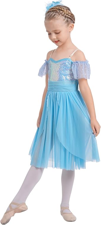 AFAVOM Kids Girls Lyrical Dance Costume Sequin Flower Lyrical Dress Asymmetric Flowy Tulle Skirt Contemporary Dance Costumes
