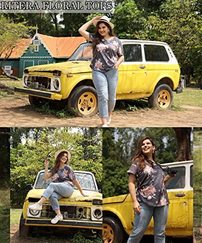 Image of RITERA Women Plus Size Tops Tie Dye V Neck Shirt Floral Camo Summer Short Sleeve Tunic Oversized Ladies Blouse XL-5XL