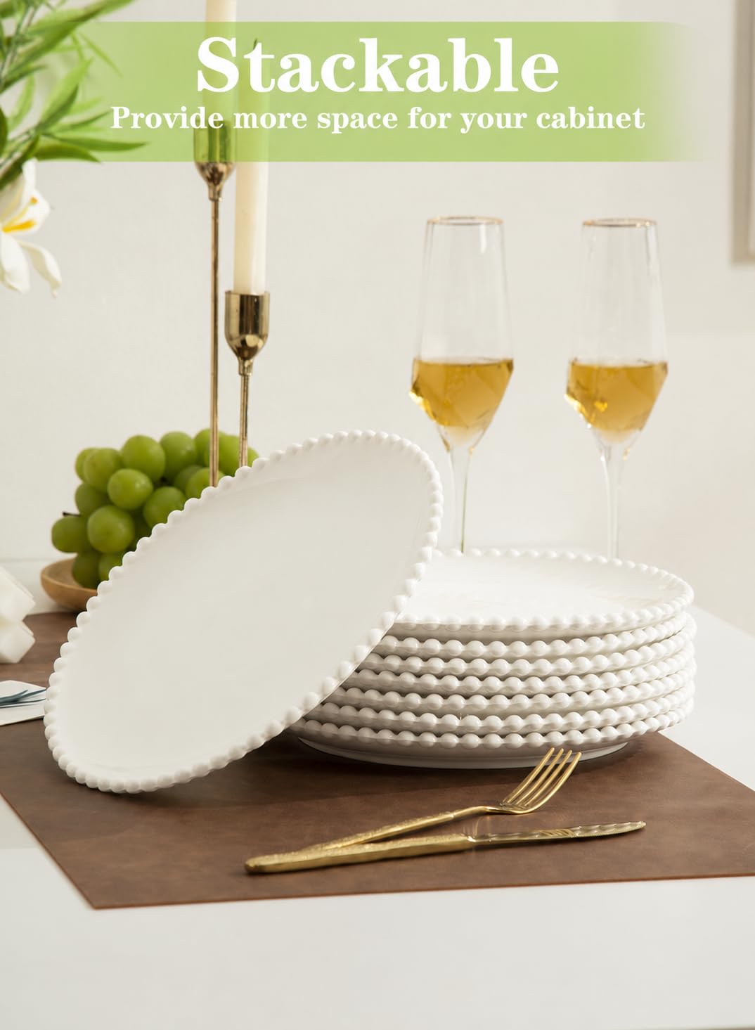 Lot de 8 assiettes à salade rondes en porcelaine de 26,7 cm, résistantes aux rayures, passent au micro-ondes, au four et au lave-vaisselle, blanc à pois perlés