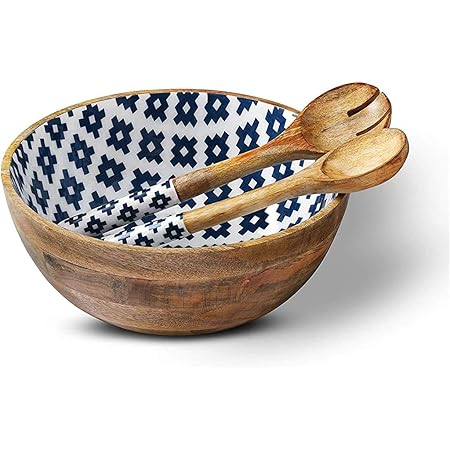 Folkulture Salad Bowl or Wooden Bowls with Serving Tongs, Large Salad Bowls for Fruits, Cereal or Pasta, Large Mixing Bowl Set, 12" Diameter x 5" Height, Mango Wood, Blue