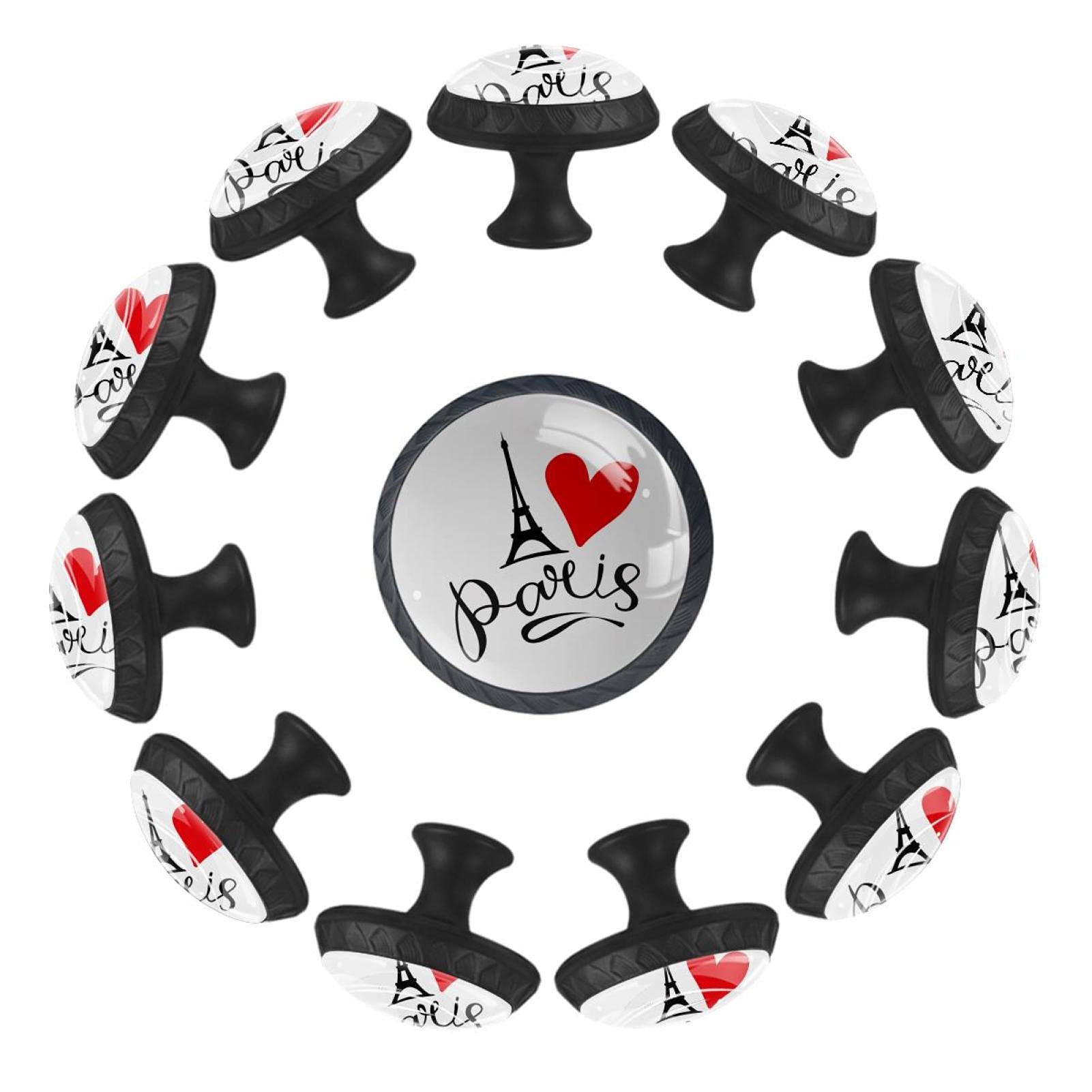 Lot de 12 boutons de tiroir Tour Eiffel 35 mm avec cœur rouge pour meuble
