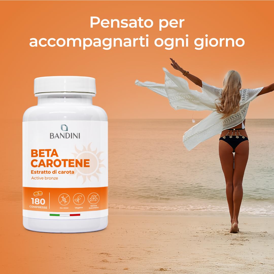 Bandini® Betacarotene | Integratore per Abbronzatura Forte Intensa e Pelle Radiosa | 180 Compresse | Apporto di Vitamina A per un Colorito Luminoso Tutto l’Anno | Sistema Immunitario