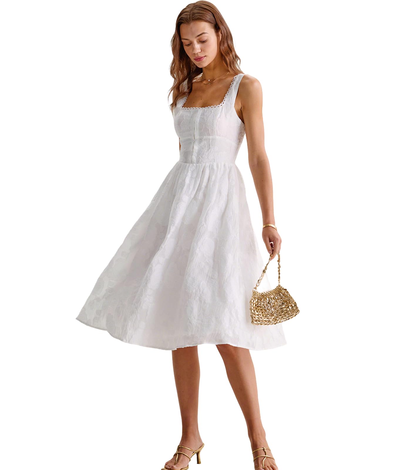 Photo 1 of RIHOAS White Jacquard Shirred Midi Sundress Women Elegant A-Line Semi-Formal Dress for Wedding Guest Bridesmaid Summer Party Graduation
