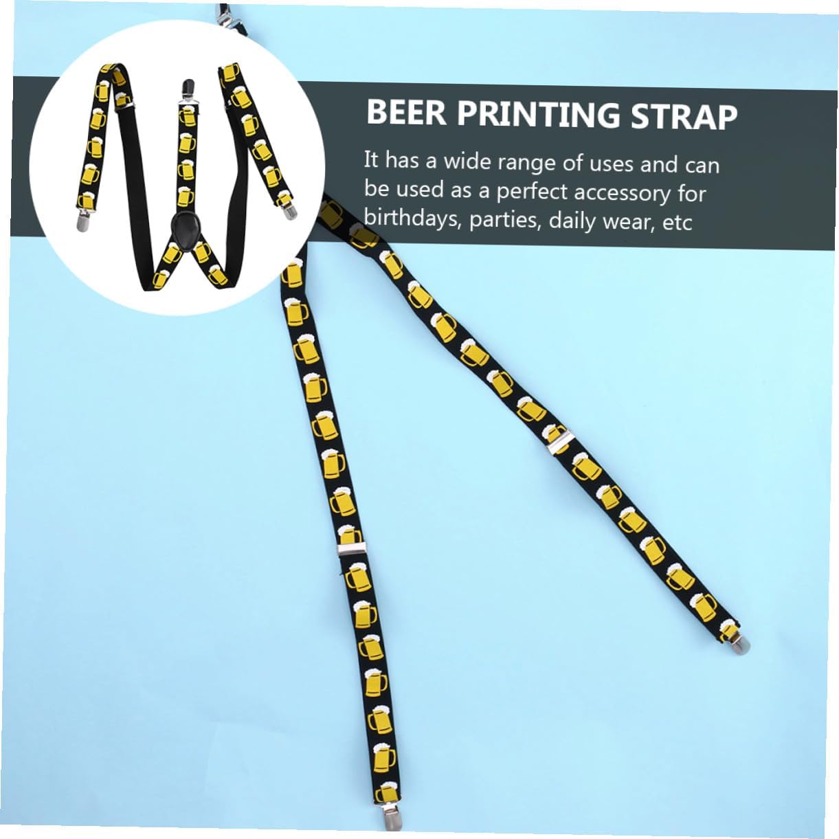 Ciieeo 2pcs Men’s Beer Print Suspenders Strap 2.5cm Wide Black Shoulder Girdle Overalls Strap Party Dress-up Supplies
