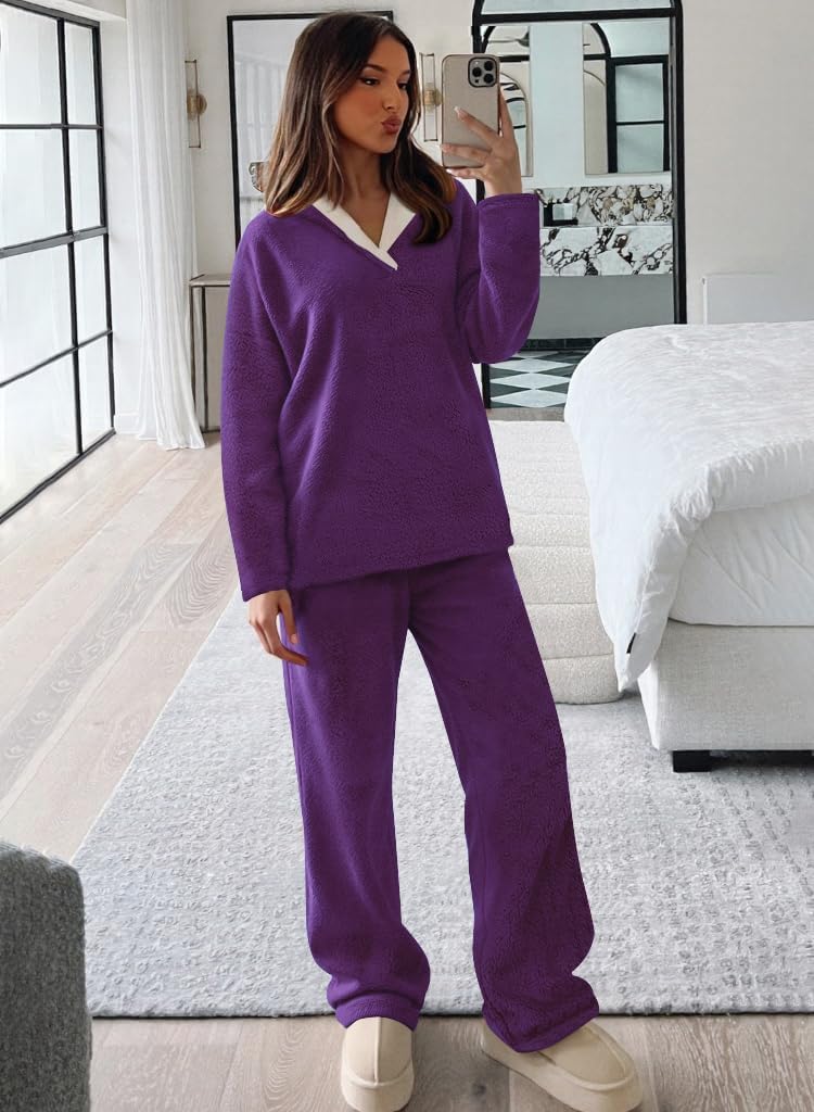 Muchpow Womens Fluffy Pajamas Set Winter Warm Fleece Oversized Pullover Fuzzy Pants Sets Plush Loungewear 2 Piece Pjs - Image 6
