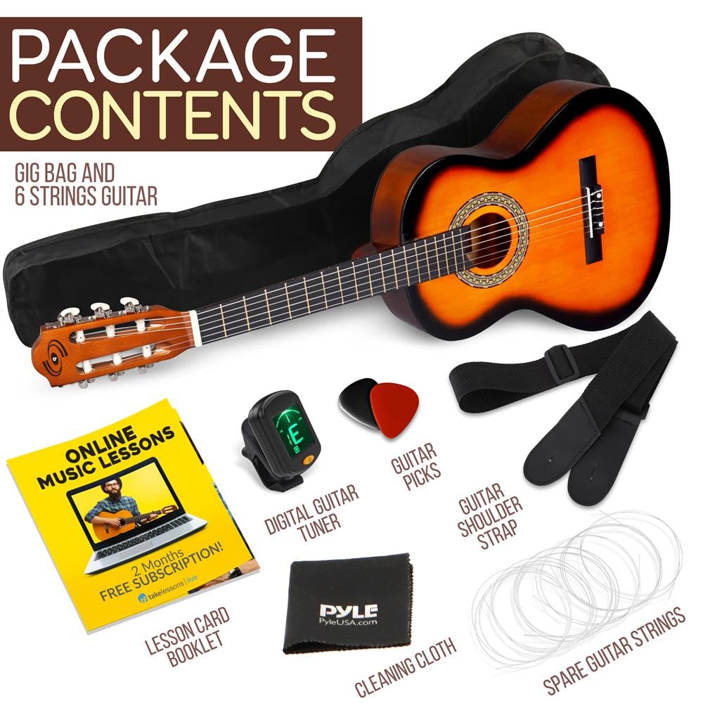 Pyle klasyczna gitara akustyczna 36" dla początkujących – gitara 6-strunowa w rozmiarze 3/4 Junior z drewna lipowego, z pokrowcem, stroikiem, nylonowymi strunami, kostkami i paskiem na ramię