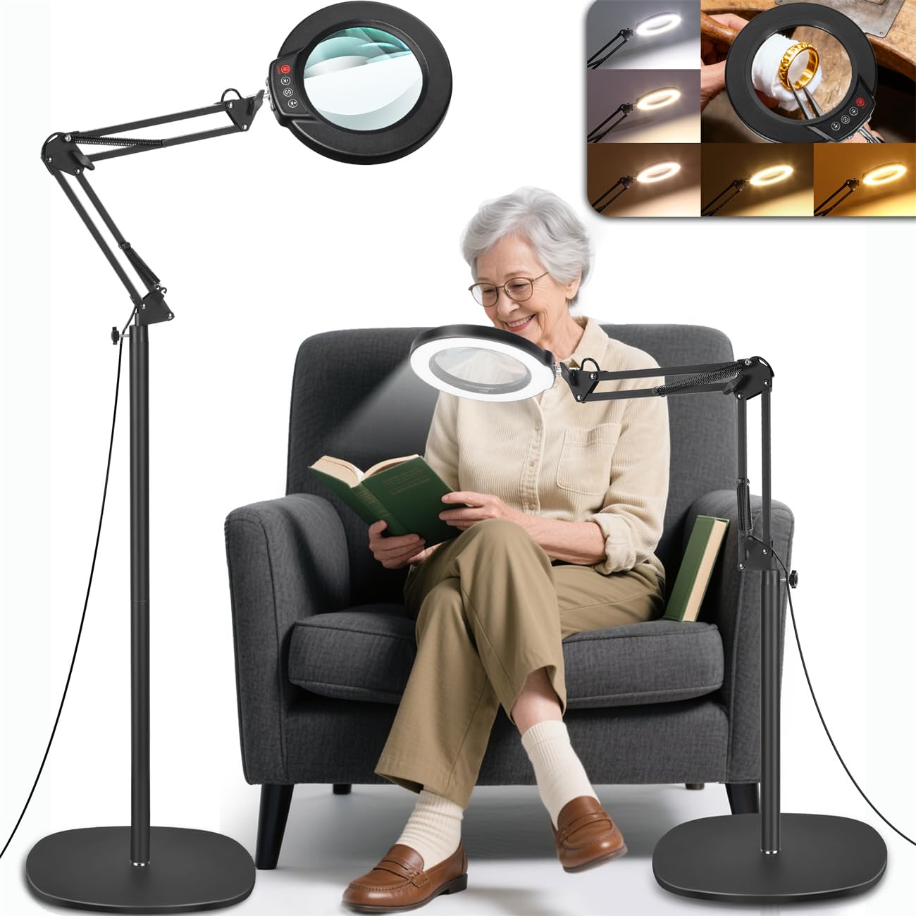 12X Stehlampe Lupe mit Licht und Ständer, 3-in-1 Flexible Schwenkarm Boden LED Lupenleuchte, 5 Farbmodus Stufenlos Dimmbar Leselupe, Freisprech Vergrößerungsboden zum Senioren Hobby