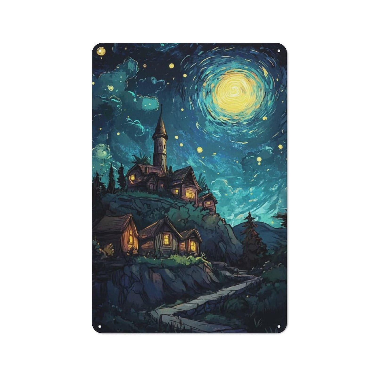 Junmoney Night Village Under Starry Sky Printed Metal Sign 30X20cm For Kitchen Or Home Bar, For Kitchen Decor Lovers, For Retro Home Interiors