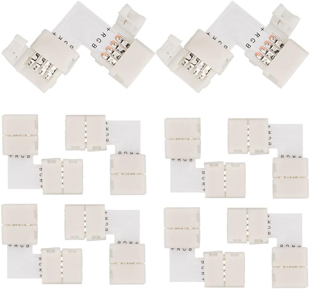 (Pack of 10) 10mm L-Shape 4 pins-Conductor Quick Splitter Right Angle Corner Connector,Strip to Strip for 5050 RGB LED Strip Lights