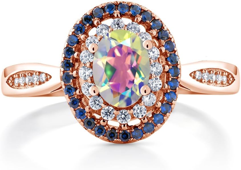 Gem Stone King 18K Rose Gold Plated Silver 7X5MM Oval Gemstone Birthstone Double Halo Wedding Engagement Anniversary Promise Ring For Women | Available In Size 5, 6, 7, 8, 9