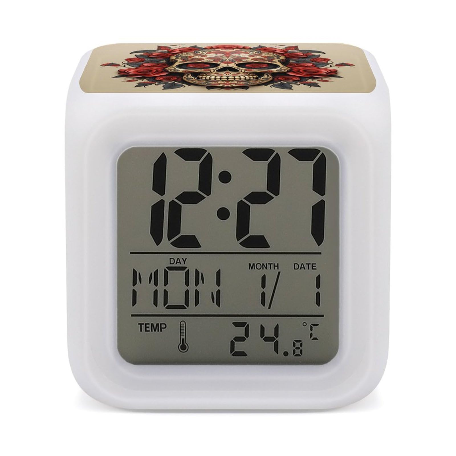 Reloj despertador de calavera de azúcar con luz LED de 7 colores para decoración de mesita