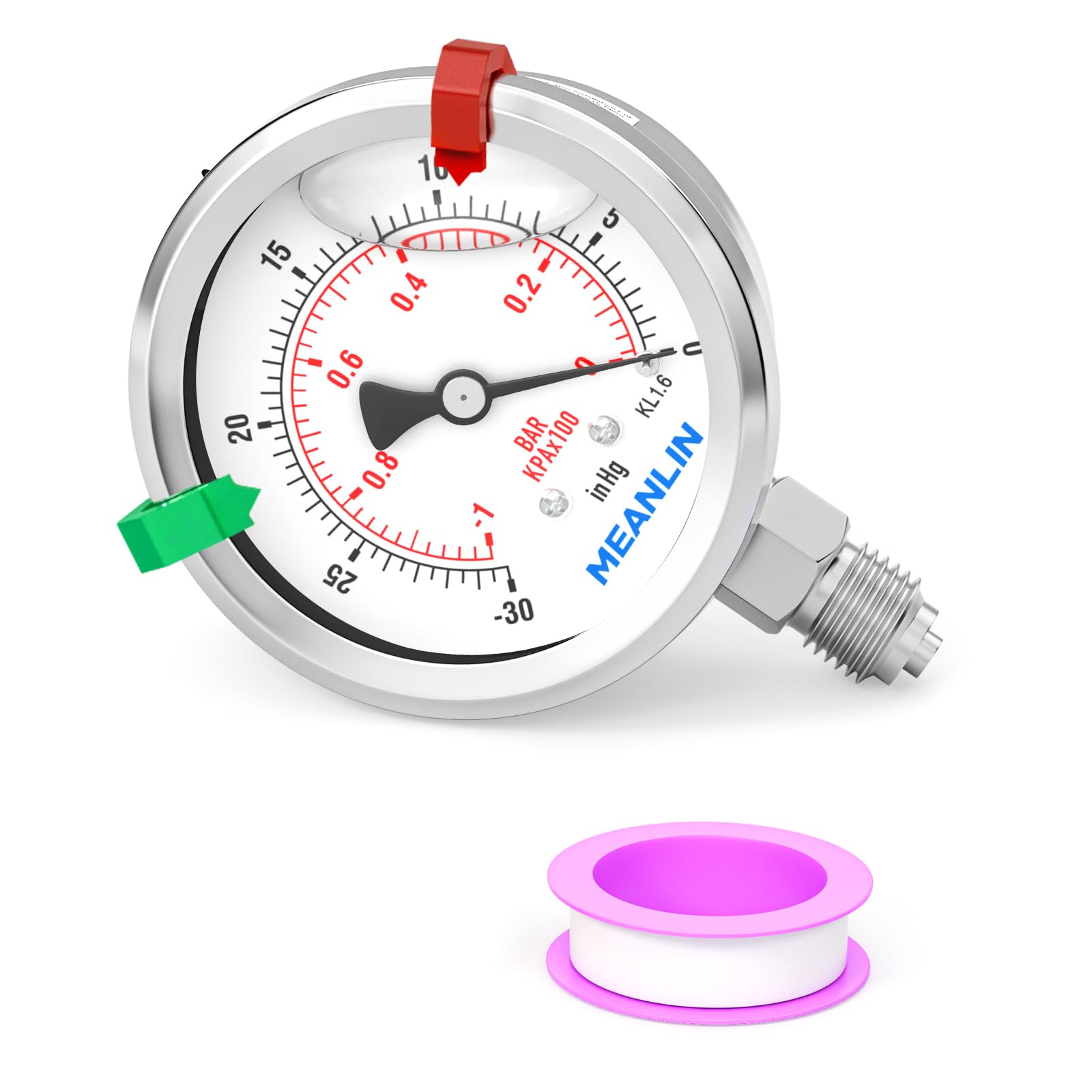 MEANLIN MEASURE -1~0Bar/-30~0inHg Manómetro de vacío relleno de glicerina con junta de acero inoxidable 316 1/4" BSP 2.5" FACE DIAL,Montaje inferior,para agua, aceite, etc.