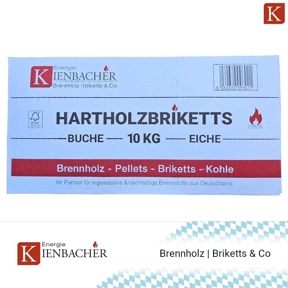 2000kg Nestro Hartholzbriketts Buche und/oder Eiche, je nach Verfügbarkeit, im 10kg Karton FSC Gluthalter Kamin Ofen Brenn Holzbriketts Kohle | 2 Paletten | Energie Kienbacher