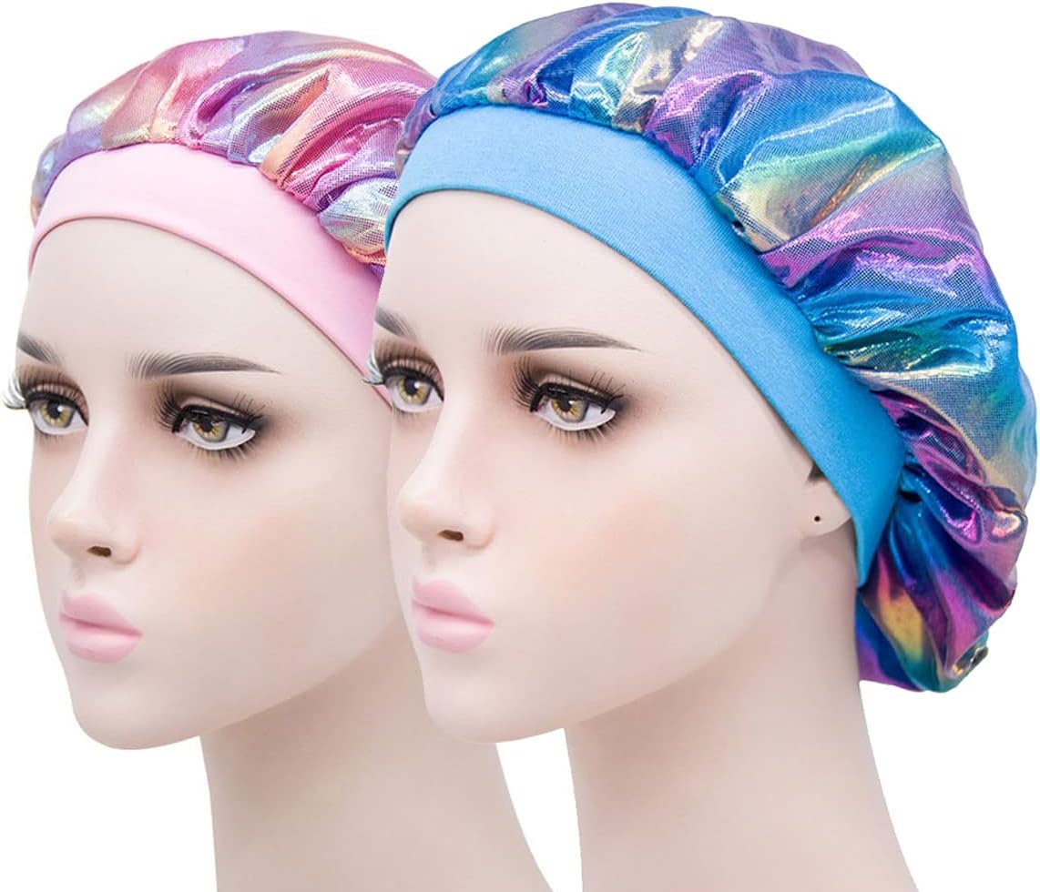 Kids Bonnets for Girls Sleeping Bonnets for Kids Curly Hair Satin Sleep Caps for Kids Shower Caps Satin Night Cap for Kids (Colorful Blue+Pink)