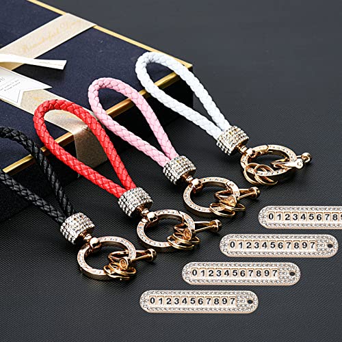 Mugvolax Anti-Lost Keychain, Car Key Chain With Phone Number Plate, Leather Woven, Accessories With Bling Rhinestones (White) #TOP3