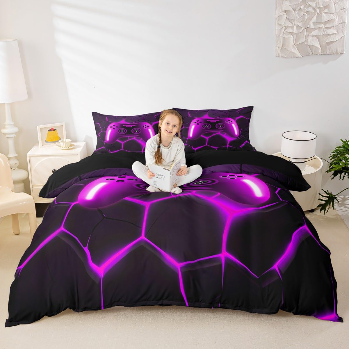 Homewish Boys Gaming Single Duvet Cover Set Kids Purple Gamer Bedding Abstract Geometric Honeycomb Quilt Cover with 1 Pillowcase - Image 3