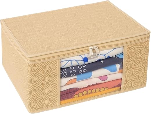 FEXME Non-Woven Printed Saree Cover/Cloth Storage/Wardrobe Organizer For Clothes with Transparent Window - 45cmx33cmx22cm (Beige, Pack of 1)