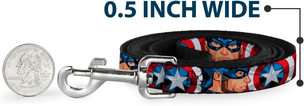 Buckle-Down Dog Leash Captain America Face Turns Shield Close Up 6 Feet Long 1.5 Inch Wide, Multicolor (DL-6FT-WCA047-W)