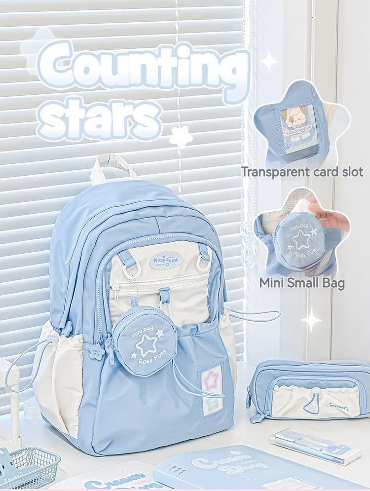 2025 New Rosy Posy Backpack, Cream Star Drawstring Backpack, Large Capacity, Durable Waterproof (Sky Blue)2