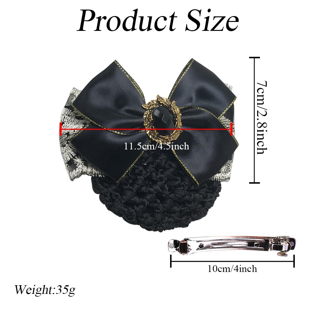 Women Gold Trim Ribbon Bowknot Snood Net with Black Rhinestone Elastic Hair Clip Bow Barrette Bun Cover Hairnet Decor Hair Accessories for Nurse Bank Clerk Air Hostess - Image 2