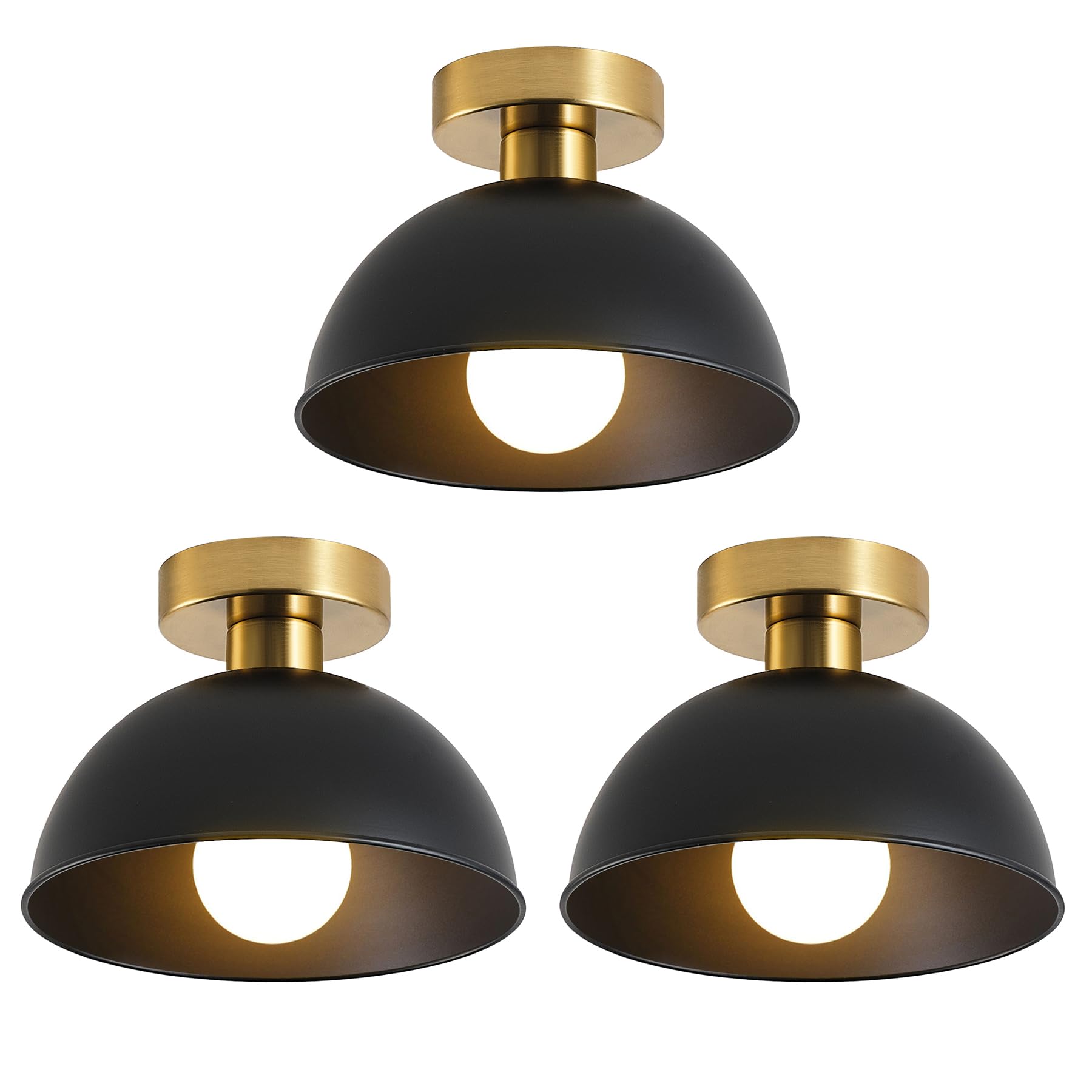Industrial Semi Flush Mount Ceiling Light with Gold Plate and Matte Black Shade, Farmhouse Ceiling Light Fixture for Kitchen Island Dining Room Foyer Hallway Porch Barn Loft，10in (3 Pack Black)