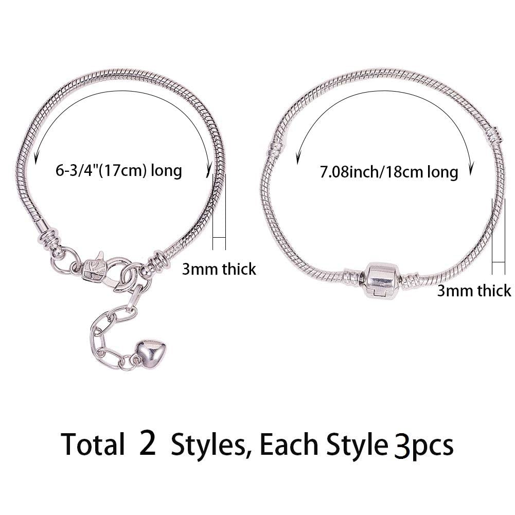 SUNNYCLUE 6pcs 2 Styles 18cm European Snake Chain Charm Bracelet Silver with Classic Bead Barrel Heart Clasp for Jewellery Making Accessories - Image 2