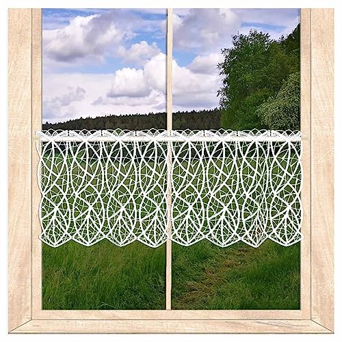 atelier alles-Spitze Elegante weiße Scheibengardine Cloe aus zarter Luftspitze | Moderner Kurzstore mit fantasievollem Wellenmuster | Höhe x Breite 27 x 96 cm