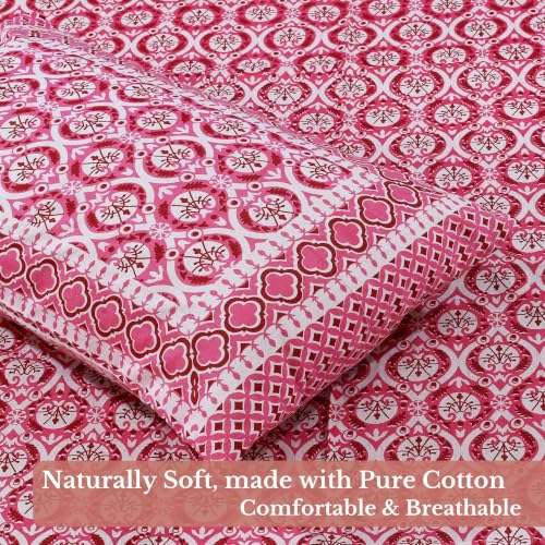 Image of Jaipur Weaves Jaipuri Double Bed Cotton Bedsheet Queen Size 90x85, 120 TC 100% Pure Cotton Bed Sheet with 2 Pillow Covers, Floral Traditional Print (Pink Floral, Double)
