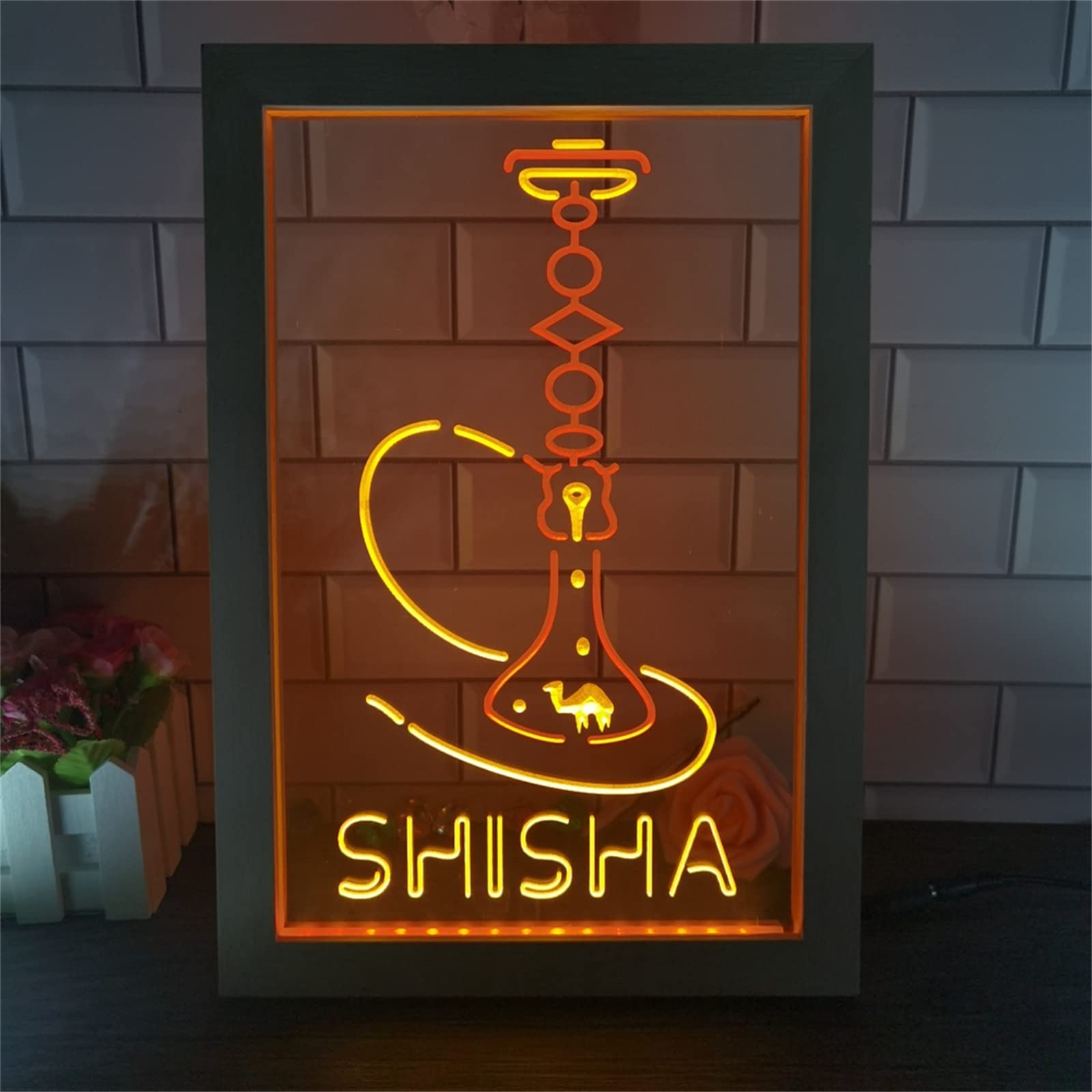 KEYQEEN Shisha Shop LED Neon Sign, Hookah Dual Color Decoration Photo Frame Table Lamp Creative Desk Wood 3D Night Lights,Red Yellow,32x42cm