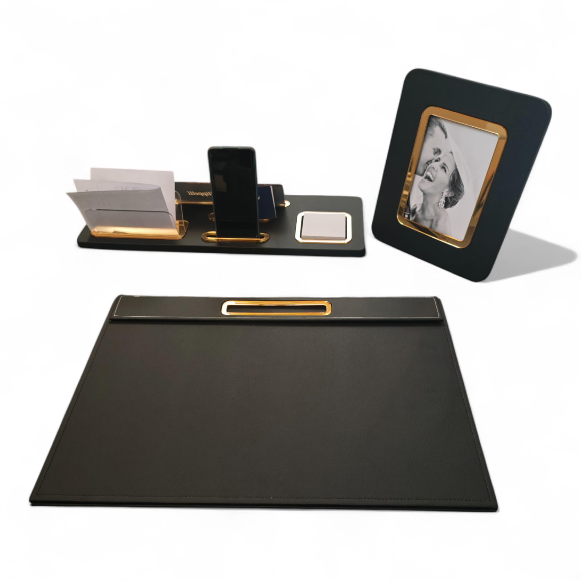 Oggettando Set Scrivania in eco pelle PU Nera, 5in1 Organizer con Supp. smartphone, Porta lettere, Porta bigliett, Portacarte ades, Cavaliere person, Sottomano, Portafoto Ufficio, Casa (ACRILICO ORO)