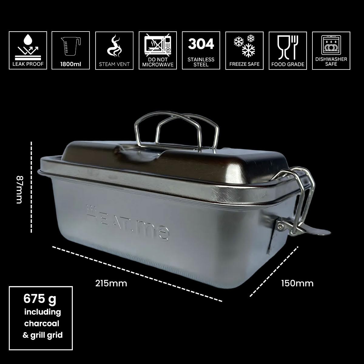 HEAT.me Lunchbox Grill | 3-in-1 Lunchbox + Mobiler Mini Grill mit Kühlakku | Rauchfrei, Spülmaschinenfest, 675g Leicht | Picknick, Camping, Outdoor