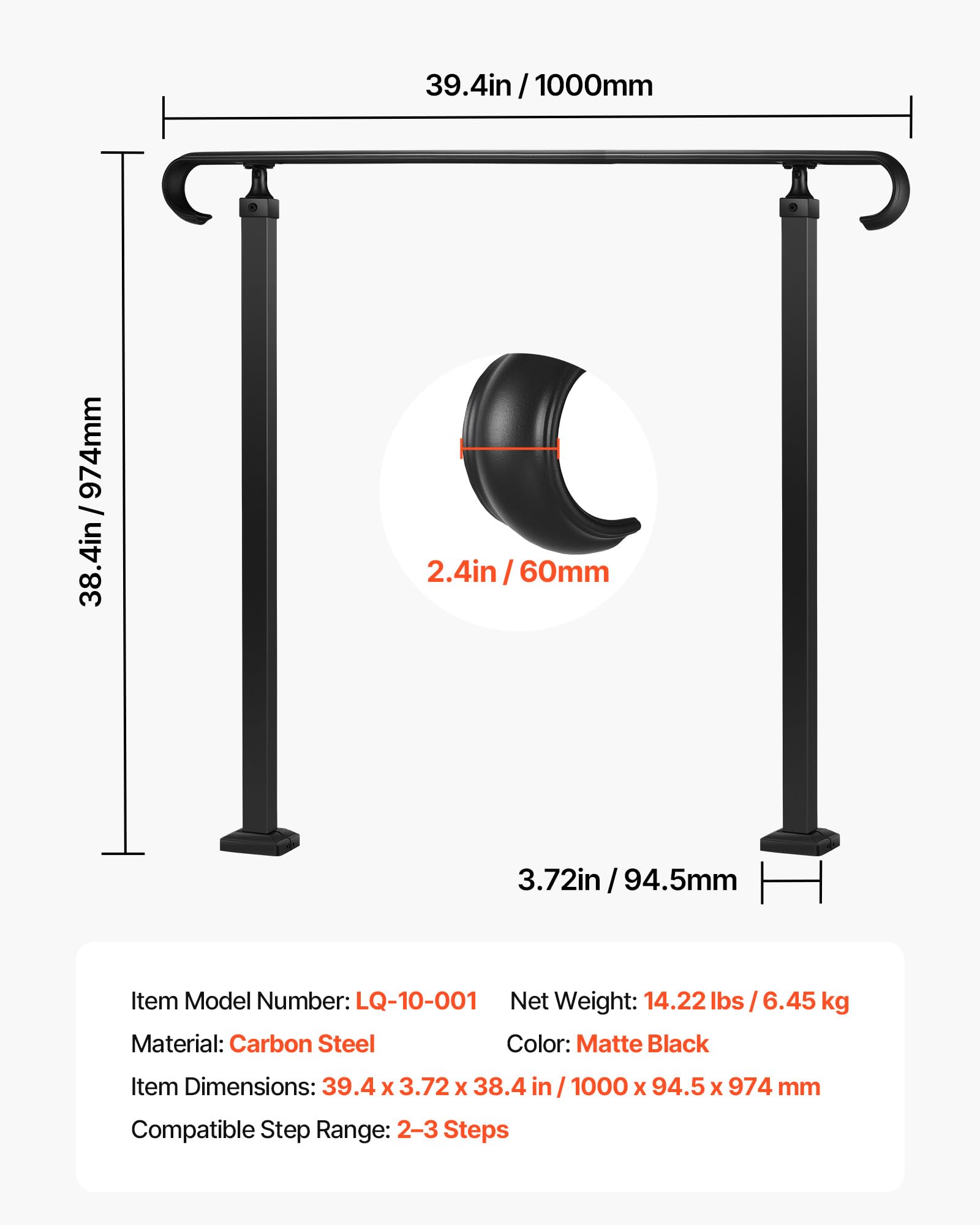 VEVOR Barandilla de Escalera Exterior de Acero al Carbono Pasamanos para 2-3 Escalones Carga de 100 kg con Kit de Instalación para Personas Mayores, Escalones de Concreto, Porche, Patio, Negro