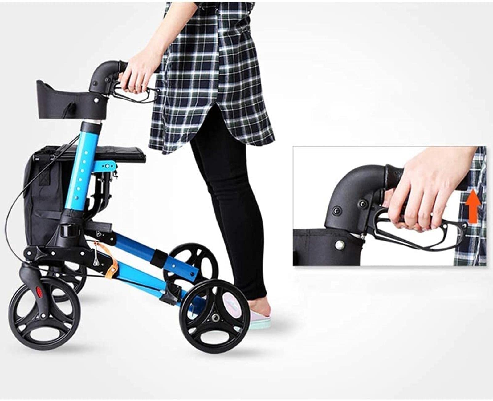 Andador con Andador para Caminar Ancianos Polea Plegable y Asiento Silla de Empuje Azul Ancianos Cuatro Ruedas Bastón Auxiliar Antideslizante con Anhelo de