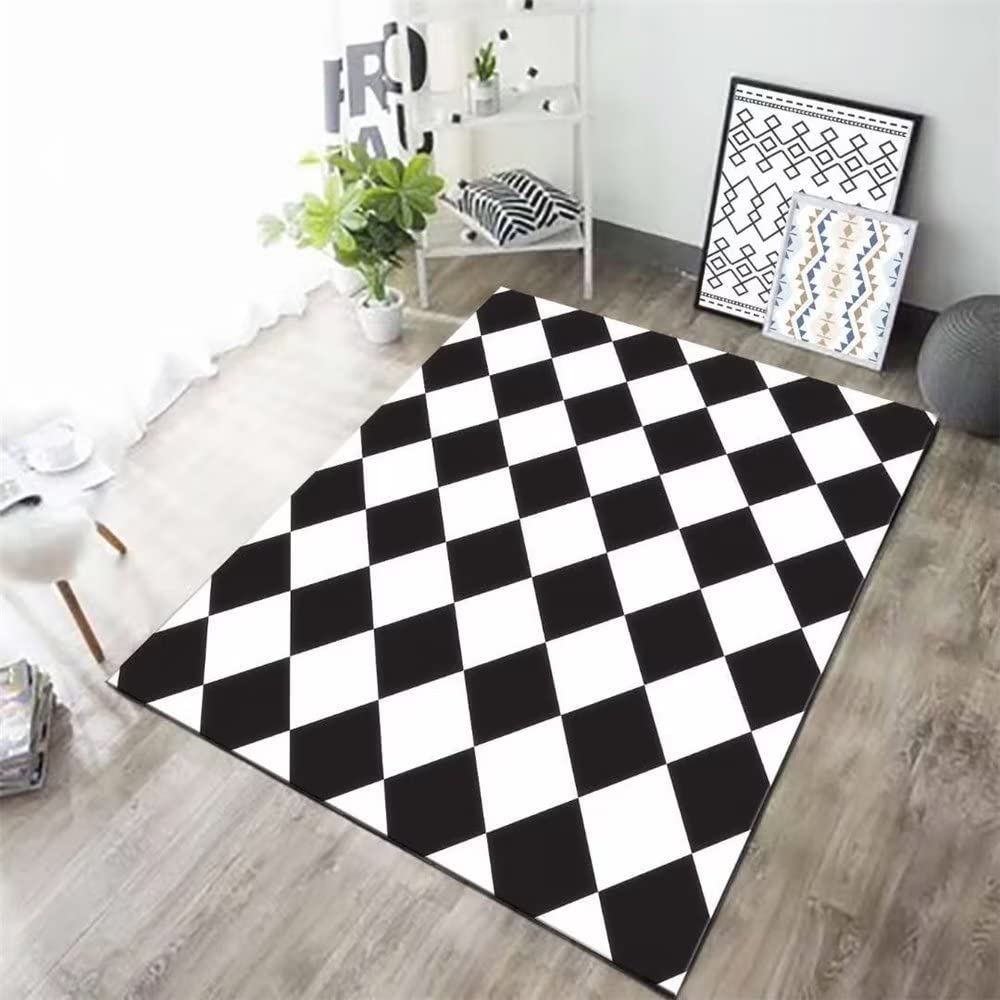 Tapis géométriques à carreaux noirs pour bureau calme et grand salon chaleureux