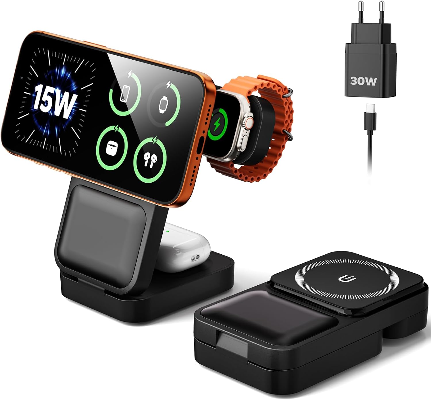 15W Magsafe Ladestation für Apple Watch und iPhone Faltbare mit Schnellladefunktion, 3 IN 1 Magsafe Ladegerät Reise, inkl. 30W Netzteil