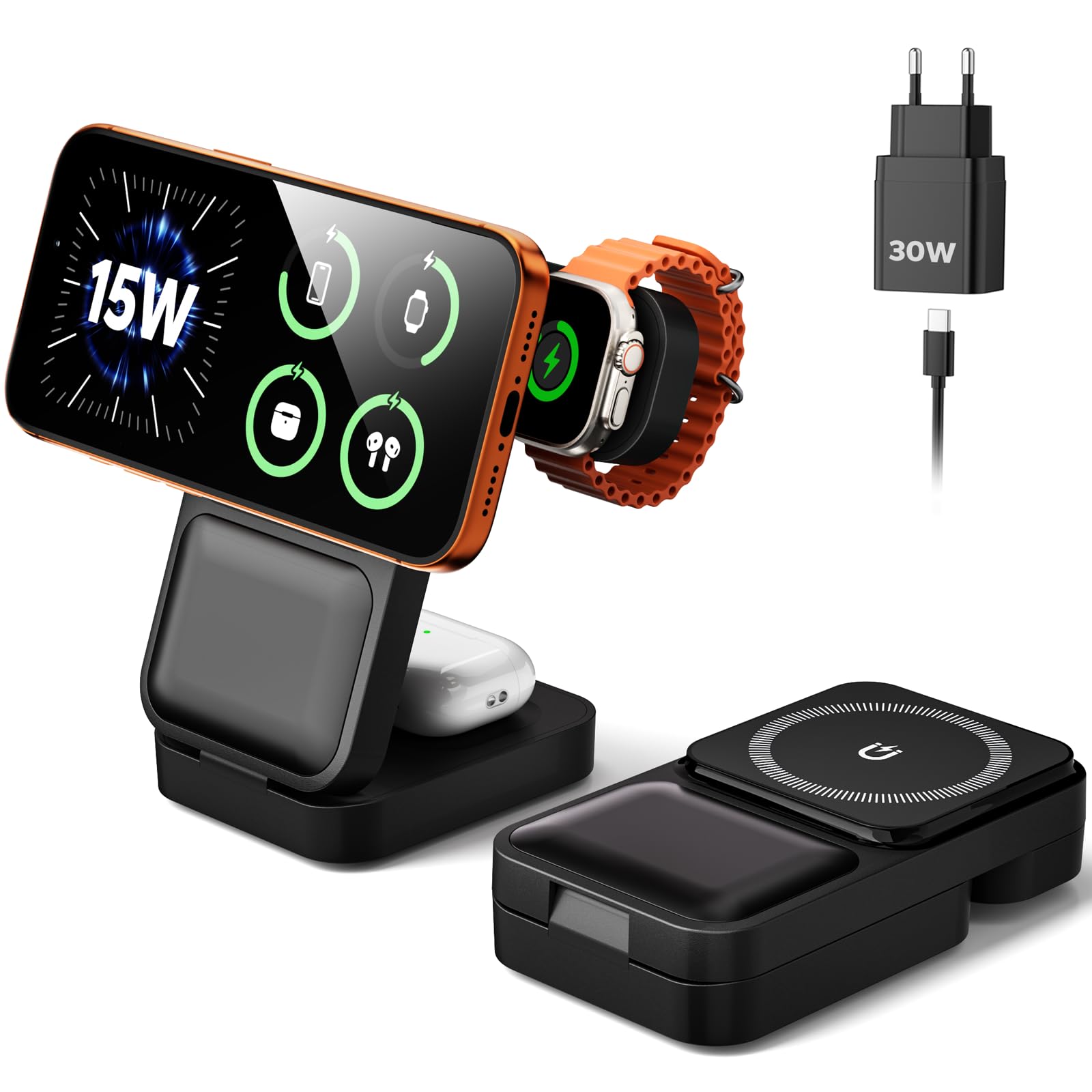 Eddibox 15W Magsafe Ladestation für Apple Watch und iPhone Faltbare mit Schnellladefunktion, 3 IN 1 Magsafe Ladegerät Reise, inkl. 30W Netzteil