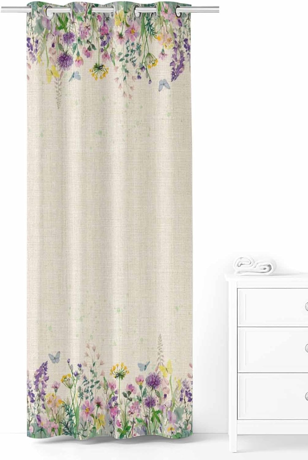 Spring Plants Blackout Door Curtain 78 Inches Long for Bedroom, Thermal Insulated Grommet Black Out Curtains Burlap Background Watercolor Flower Room Darkening Closet Curtain for Doorway Dorm