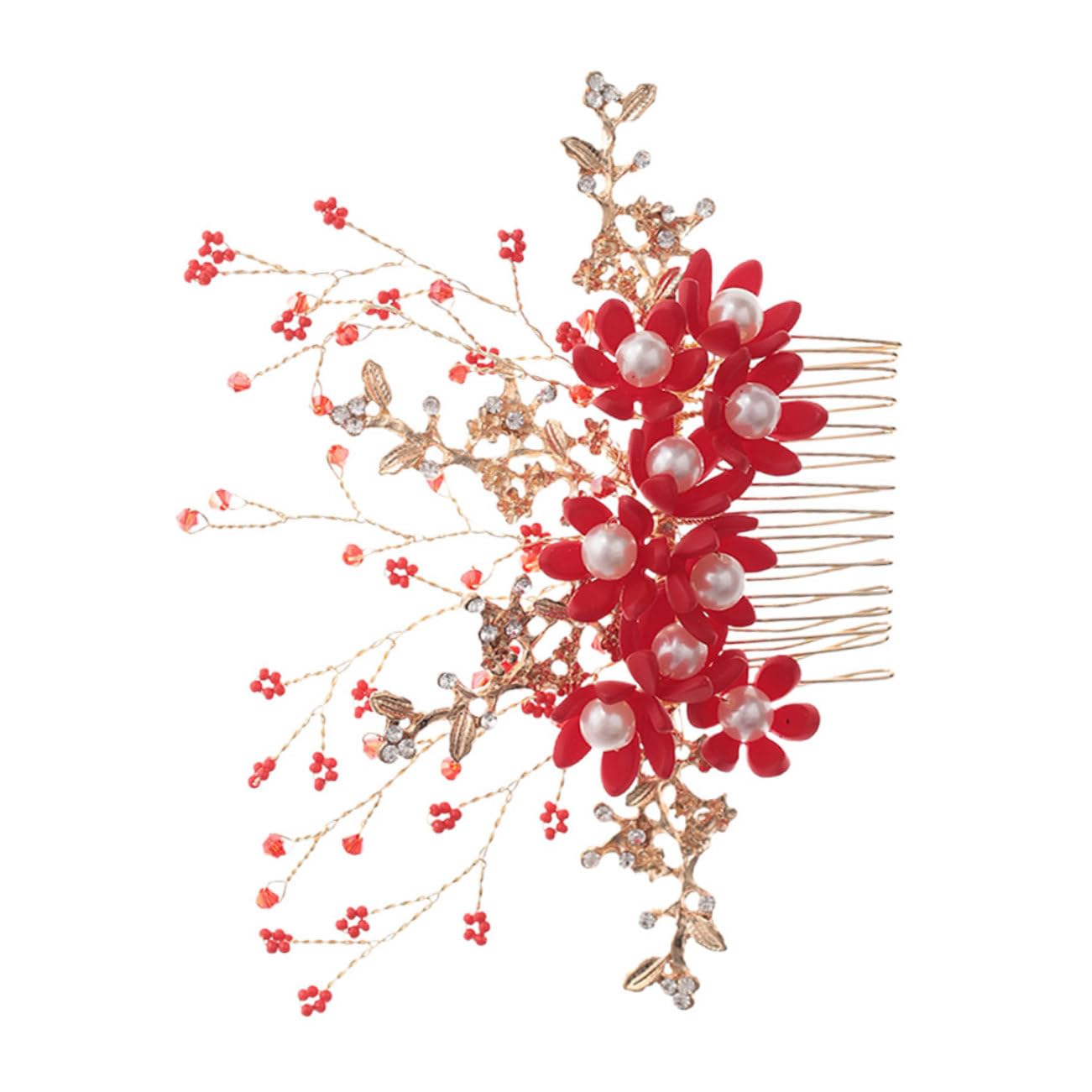 minkissy 3pezzi Pettinino Per Perle Fatte Mano Accessori Da Sposa Eleganti Per Matrimoni e Feste Design Floreale Rosso Per Donne e Ragazze