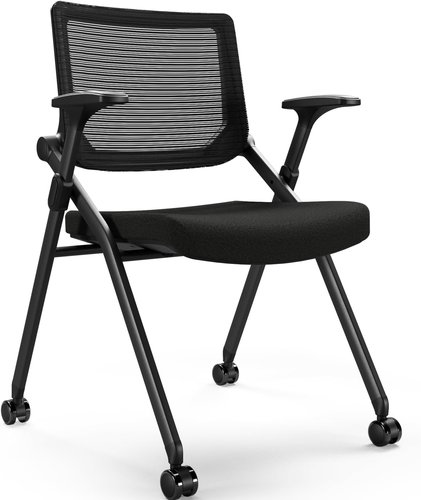 Foldable Office Chair with PU Wheels and Smooth Armrest-Ergonomic Mesh Bouncing Back, Stackable Conference Room Chair, Office Guest & Reception & Meeting Chair (Black)