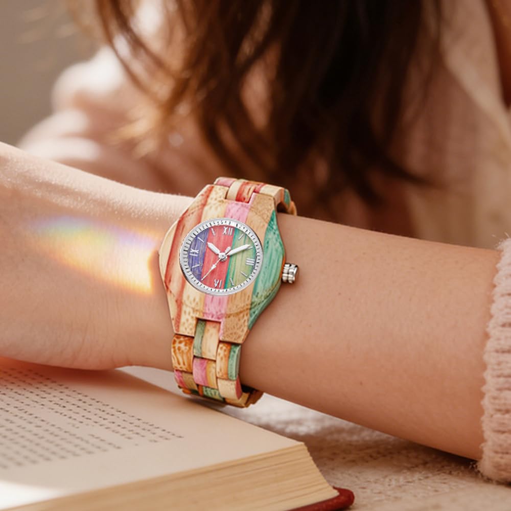 Tiong Reloj de madera para mujer Colorido Bambú Relojes de cuarzo Relojes de mujer Relojes analógicos Números Romanos Relojes de Madera Reloj de Madera para Mujeres, Wq1109-colorido, Retro