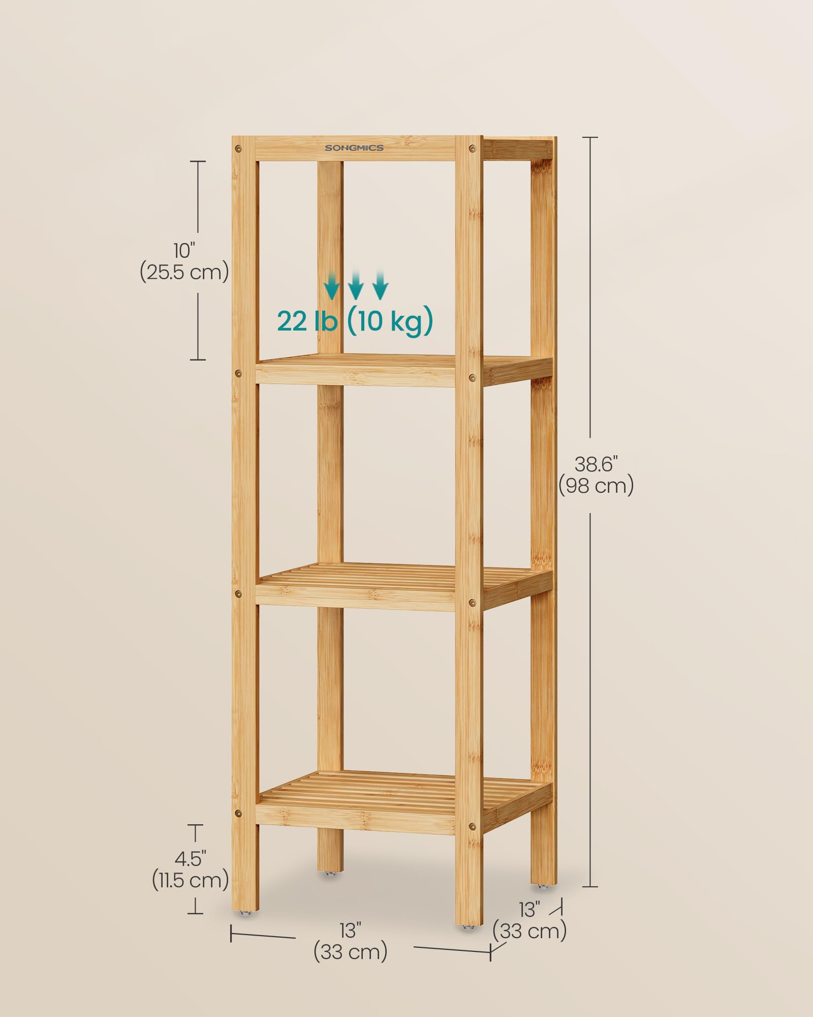SONGMICS Badkamerrek, badkamerrek, keukenrek, schoenenrek met 4 niveaus, staand rek van bamboe, 33 x 33 x 98 cm, voor badkamer, woonkamer, hal, keuken, natuurbeige BCB54Y