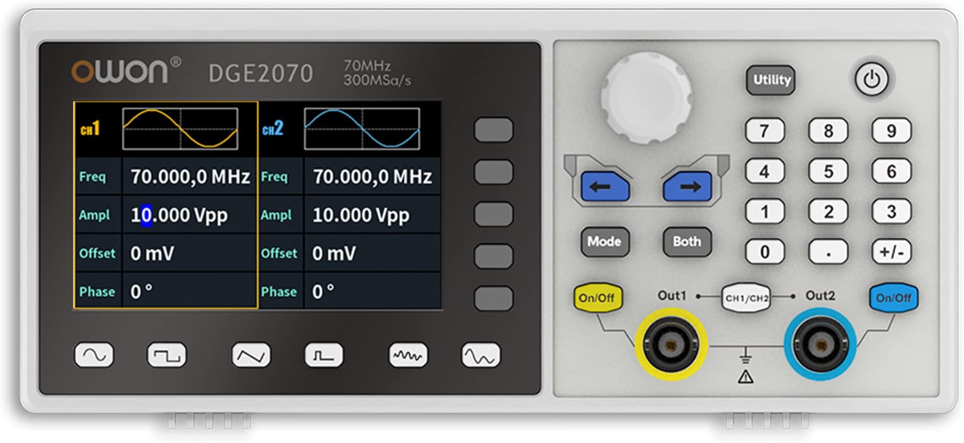Dual-Channel Arbitrary Waveform Function Generator, 70MHz, 300MSa/s, 14-Bit, with SCPI and PC Control, DGE2070